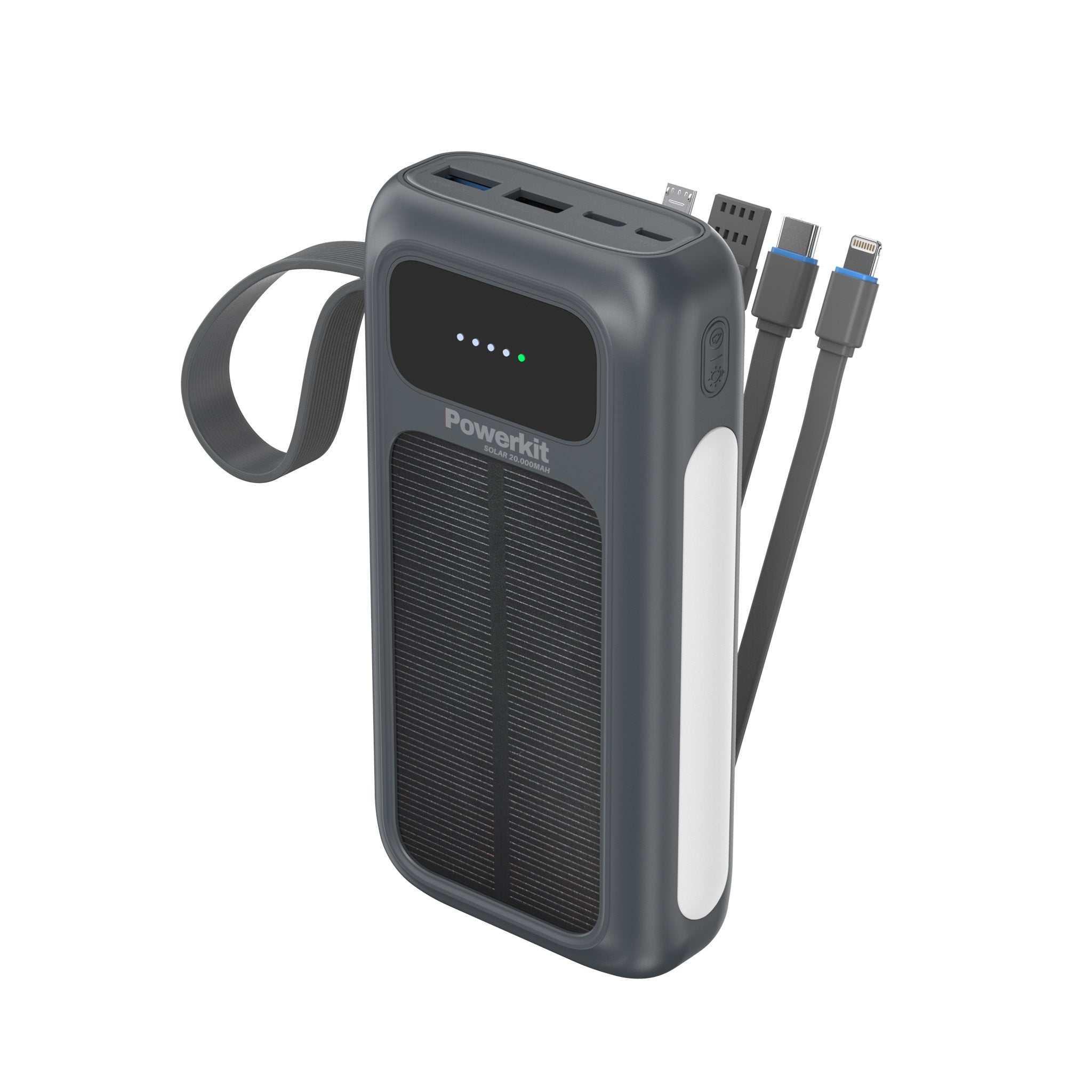 Powerbank på 20.000 mAh med indbygget solcelle, display og fire indbyggede opladningskabler