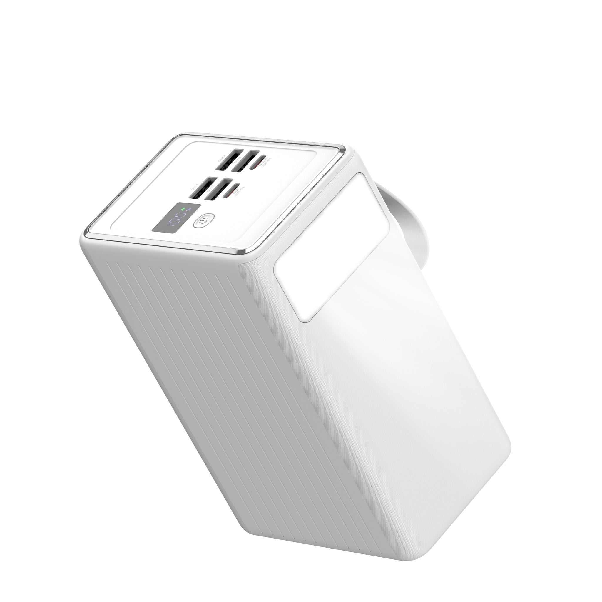 Powerbank med 80.000 mAh kapacitet, indbygget display og kraftig lommelygte til lange campingture