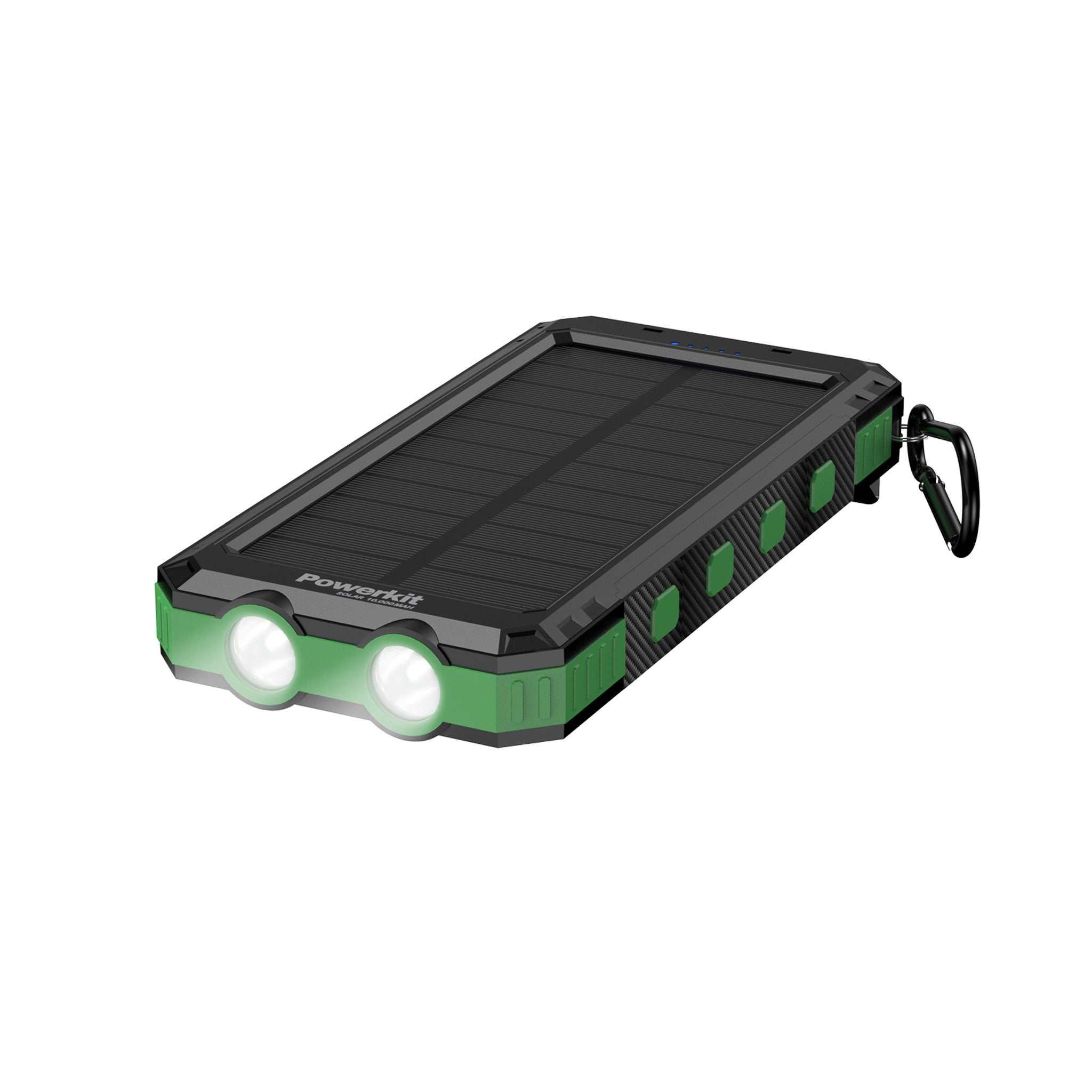 Solcelle powerbank med 10.000 mAh kapacitet og indbygget LED-lys til camping